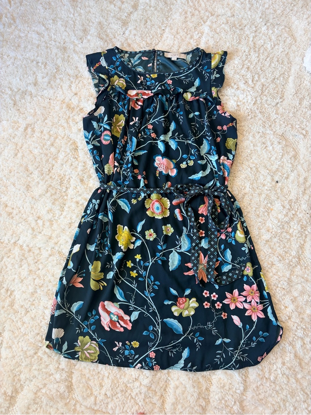LOFT Green Floral Belted Dress L petite